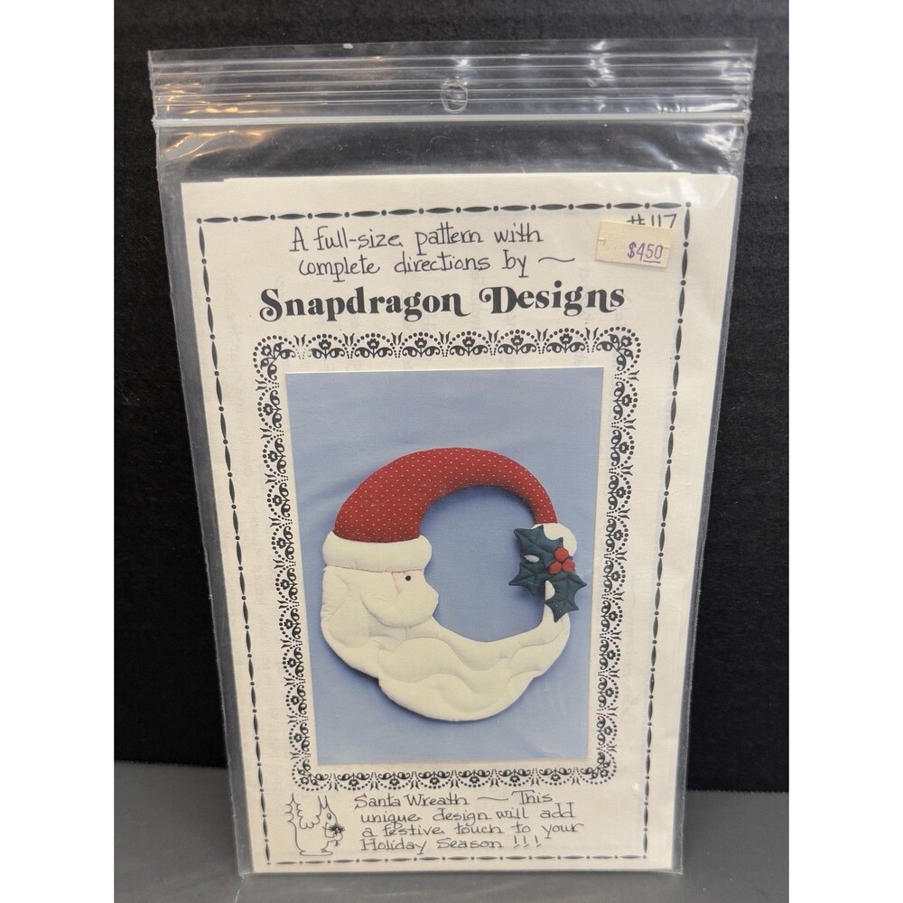 Vintage 1987 - Christmas Snapdragon Designs Patterns, "Santa Wreath" Fabric #117